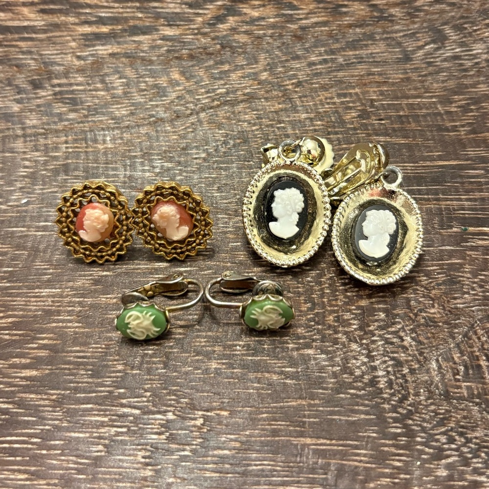 3 Vintage Cameo Earring Pairs
